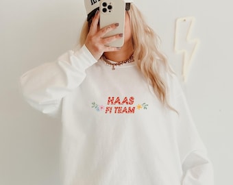 Haas, mercancía del equipo de F1, sudadera con cuello redondo, estampado floral colorido, Fórmula 1, sudadera con estampado gráfico, cuello redondo con estética de F1.