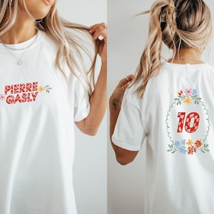 Komfortfarbe, Pierre Gasly, buntes Blumenmuster, Formel-1-Grafik-T-Shirt, hübsches F1-Ästhetik-Rennshirt