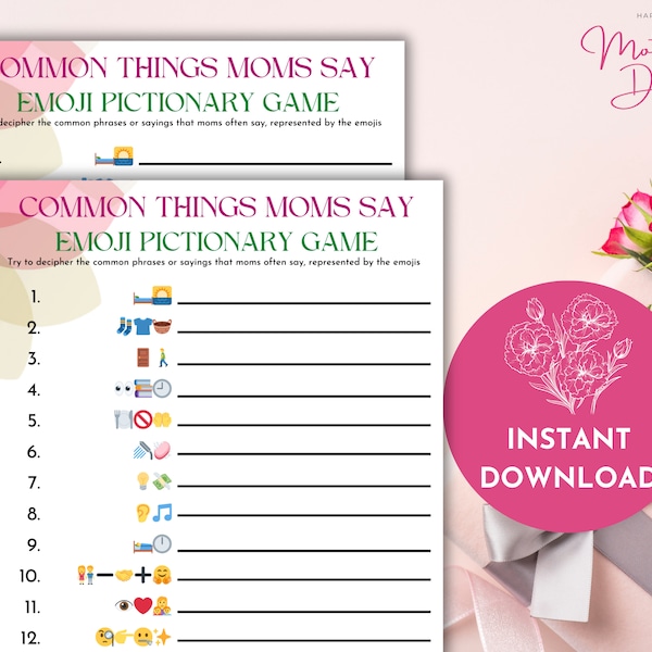 Common Things Mom Says Mother’s Day Emoji Pictionary, Mothers Day Game Kids & Adults, Funny Mother's Day Game, Mothers Day Emoji Game