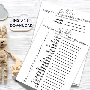 Könnte beinhalten: Druckbares Babynamen-Scramble-Spiel für eine Babyparty. Das Spiel enthält eine Liste mit 20 Namen zum Entschlüsseln, mit separaten Listen für Jungen und Mädchen.