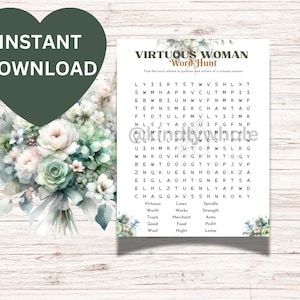 Può includere: Un puzzle di parole crociate stampabile con il titolo "Virtuous Woman Word Hunt". Il puzzle presenta una griglia di lettere con parole relative alle qualità e alle azioni di una donna virtuosa. Le parole da trovare sono elencate sotto il puzzle.