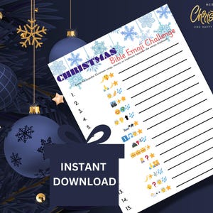 May include: A printable Christmas Bible Emoji Challenge game sheet with a festive design. The sheet includes lines for answers and emoji clues. The words "Christmas" and "Instant Download" are visible. The background features Christmas ornaments.