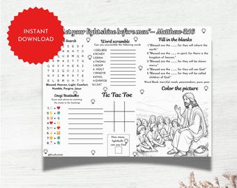 Puede incluir: Una hoja de trabajo imprimible con actividades para niños. La hoja de trabajo incluye una búsqueda de palabras, una palabra revuelta, espacios en blanco para completar y una página para colorear. La página para colorear representa a Jesús enseñando a un grupo de niños. La hoja de trabajo incluye el texto "Que tu luz brille delante de los hombres" - Mateo 5:16.