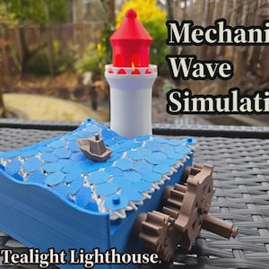 May include: A 3D-printed mechanical wave simulation model with a tealight lighthouse. The model features a blue wave base with a small boat, a white lighthouse, and a red top. The text "Mechanical Wave Simulation with Tealight Lighthouse" is visible.