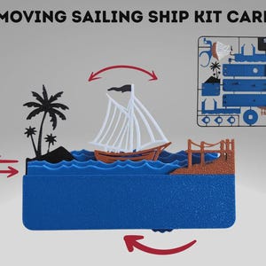 Pode incluir: Um cartão de kit de navio à vela azul, castanho e branco. O cartão apresenta um veleiro em miniatura com velas brancas, um casco castanho e uma bandeira preta. O cartão também inclui uma silhueta de palmeira e o texto "MOVING SAILING SHIP KIT CARD."