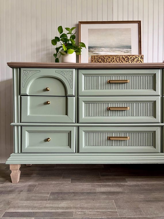 SOLD | Sage Green Mid-century Modern Dresser: Refinished MCM Sideboard, Brass Hardware