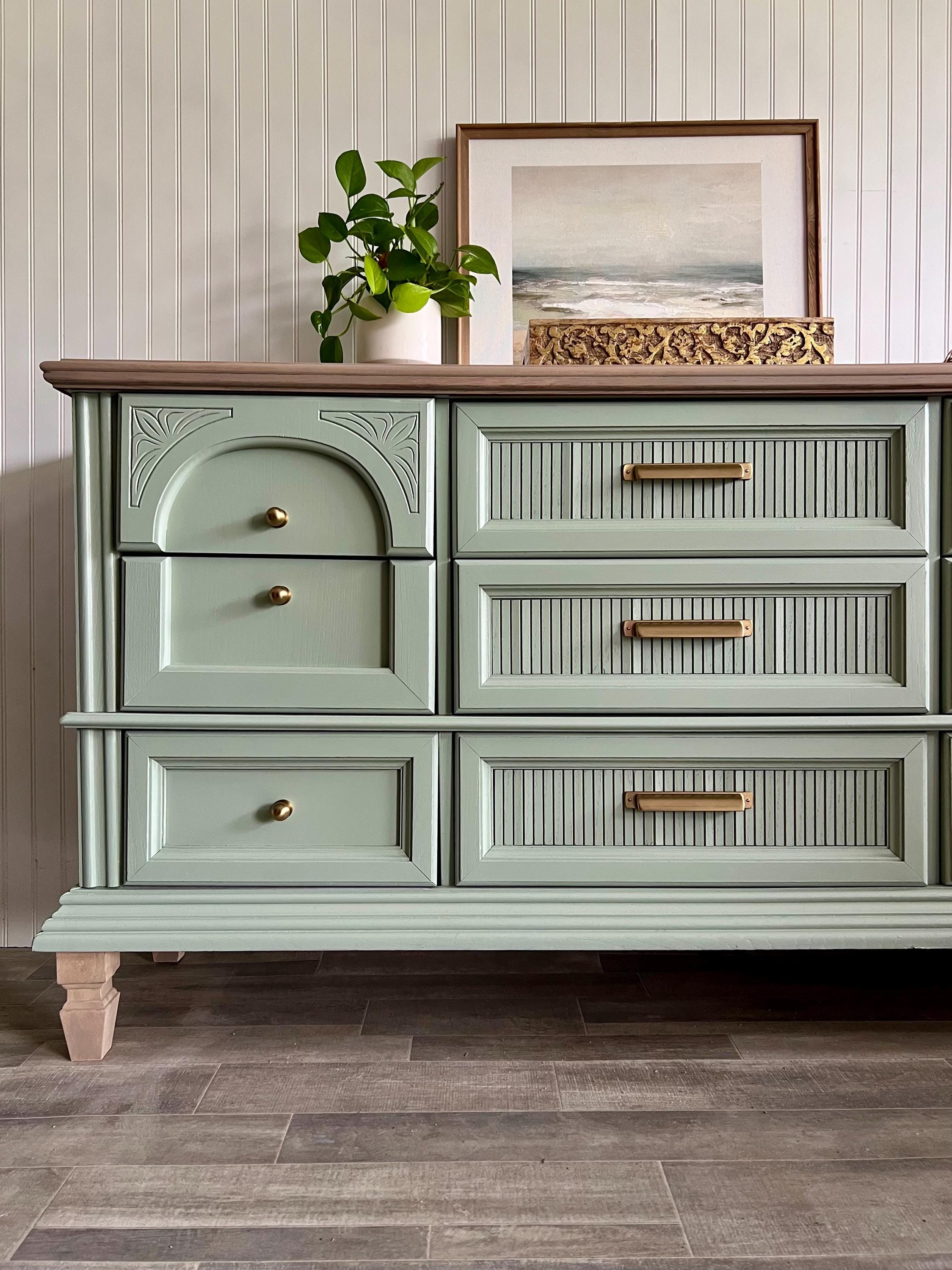 gray green dresser This dresser was painted in a soft sage green color (can you tell I love green?), called Silver Sage by @houseandcanvas. I love how soothing yet neutral this color is. Sold!