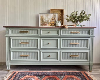 Mid Century Modern Dresser: Fluted Front, Gray-Green Credenza