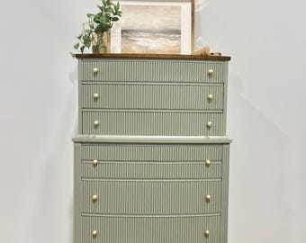 SOLD | Mid Century Modern Sage green Hepplewhite Dresser: Slatted Tall Dresser