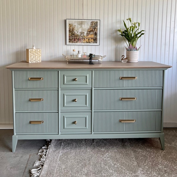 SOLD | Mid Century Modern Fluted Dresser / Sideboard – Refinished in Gray-Green Elegance