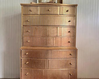 SOLD• Vintage Gold Highboy Dresser – Hollywood Regency Fluted Chest
