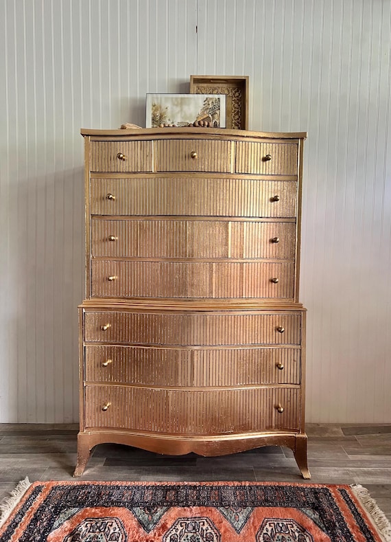 tall gold dresser SOLD• Vintage Highboy – Hollywood Regency Fluted Chest Casagear