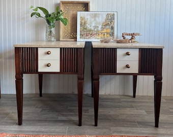 Vintage Dark Walnut  MCM Marble Top Nightstand Set: Refinished Mid-Century Modern End Tables