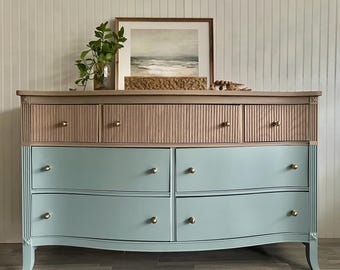SOLD|  Mid-Century Modern Two-Tone Dresser: Coastal Blue and Slatted Wood Sideboard