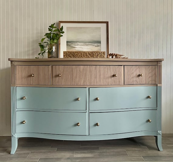 SOLD| Mid-Century Modern Two-Tone Dresser: Coastal Blue and Slatted Wood Sideboard SOLD| Mid-Century Modern Two-Tone Dresser: Coastal Blue and Slatted Wood Sideboard