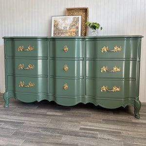 Vintage French Provincial Dresser | Earthy Green Refinished Buffet, TV Stand, or Changing Table | Country Farmhouse Cottage Chic •SOLD•
