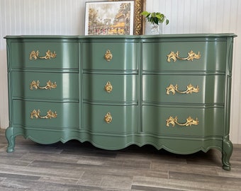French Provincial Dresser: Earthy Green Vintage Bassett Buffet