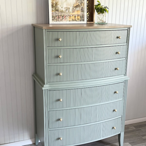 SOLD | Mid Century Modern Sage green tall Hepplewhite Dresser: Slatted Drawer fronts
