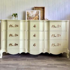 French Provincial Bassett Dresser: Green 9-Drawer Sideboard
