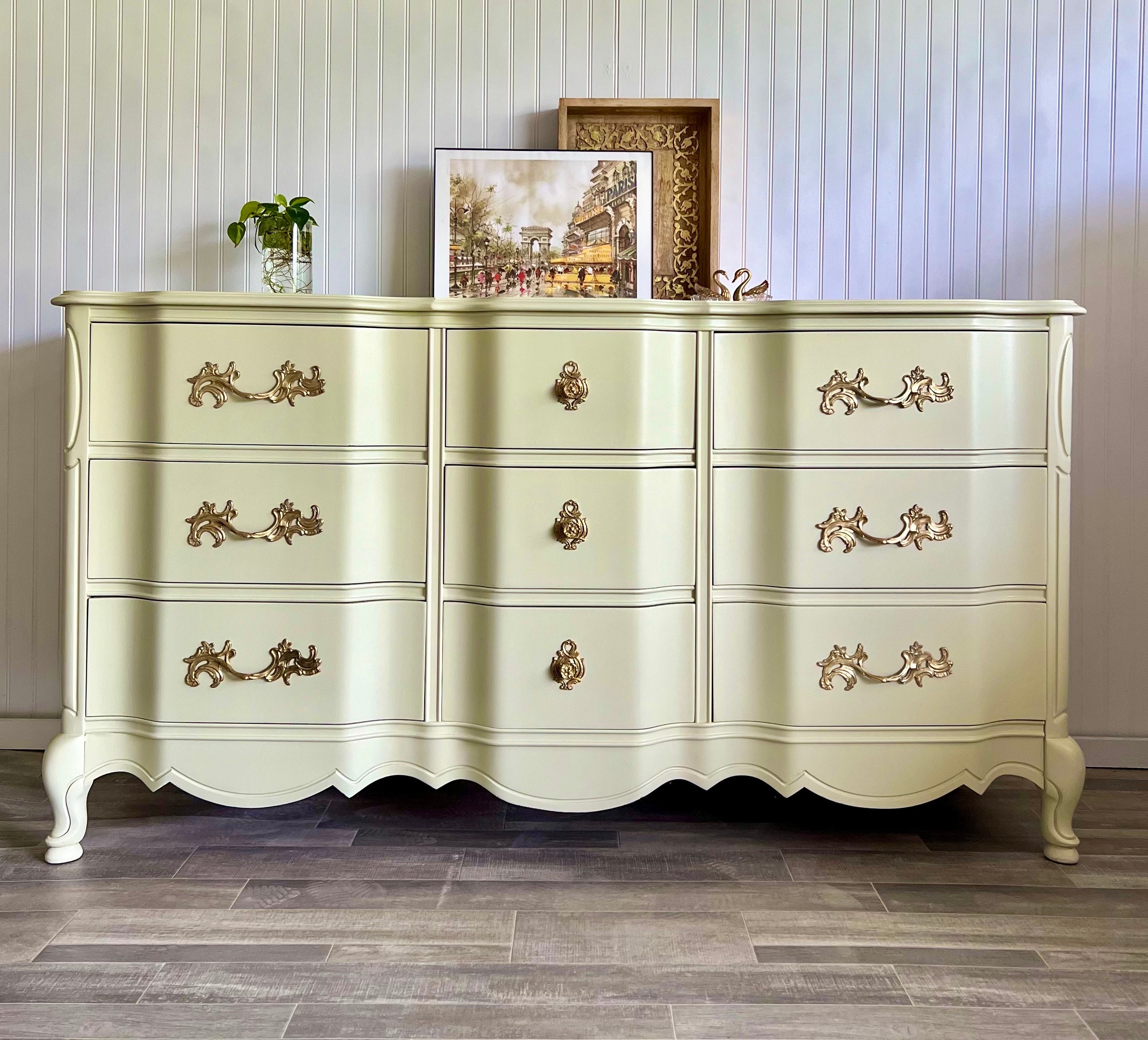 French Provincial Bassett Dresser: Green 9-Drawer Sideboard