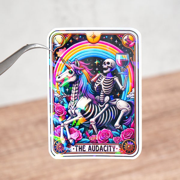 The Audacity Tarot Card Sticker: Funny Skeleton Meme Decor