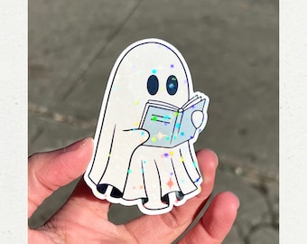 Ghost holding book sticker, Kindle sticker, Bookish booktok decal, Book lover reader reading bookworm gift, Waterproof, A1005