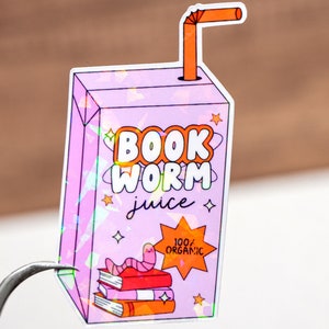 ブックワーム ジュース ブックワーム ステッカー、ホログラフィックまたは光沢、2 ～ 7 インチ、Kindle ブック風デカール、読書ギフト、美的装飾
