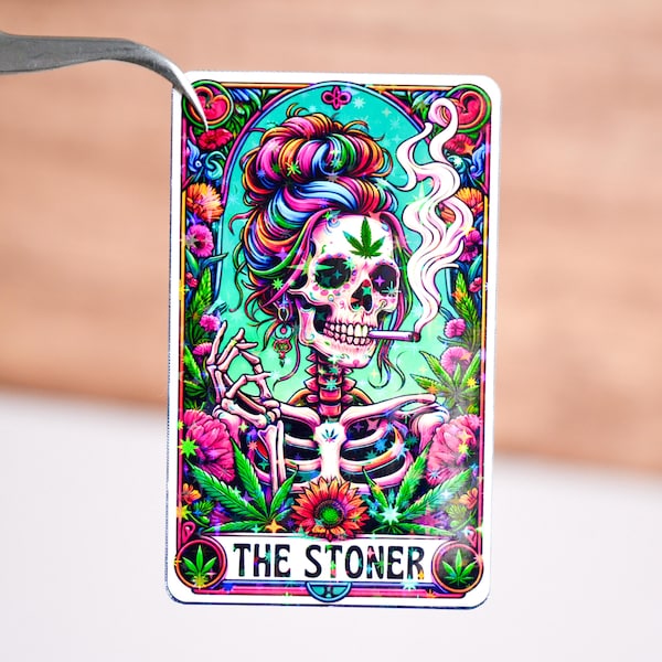 The stoner tarot card sticker, Cannabis skeleton decal, Witchy weed pot smoker gift, Waterproof, Funny marijuana decor, Stoner BFF idea