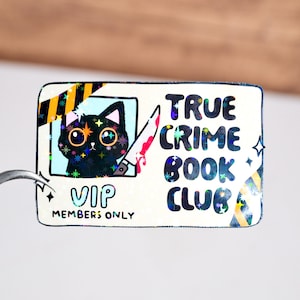 True crime book club sticker, Library card cat sticker, Funny cartoon Kindle sticker, Bookish book sticker for kids adults teens, Waterproof