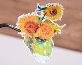 Van Gogh sunflower sticker, Art decoration, Van Gogh wall art, Waterproof, 3 to 8 inches, Glossy or sparkle holographic, Aesthetic decal