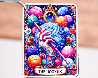 The hooker tarot card sticker, Crochet knitter gift, Funny crafter knitting crocheter decal, Waterproof, Hook crochet lover decor, Yarrrn