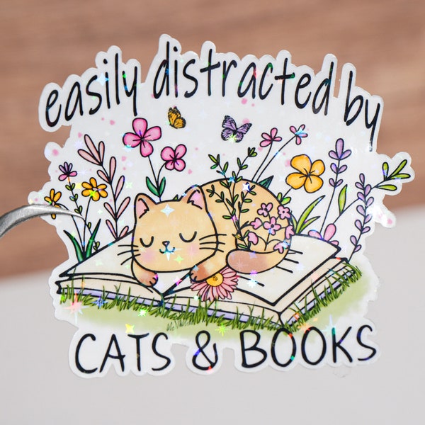 Easily distracted by cats & books Kindle sticker, Book sticker, Bookish decoration, Booktok Book tok decal, Holographic decal, Cat mom gift
