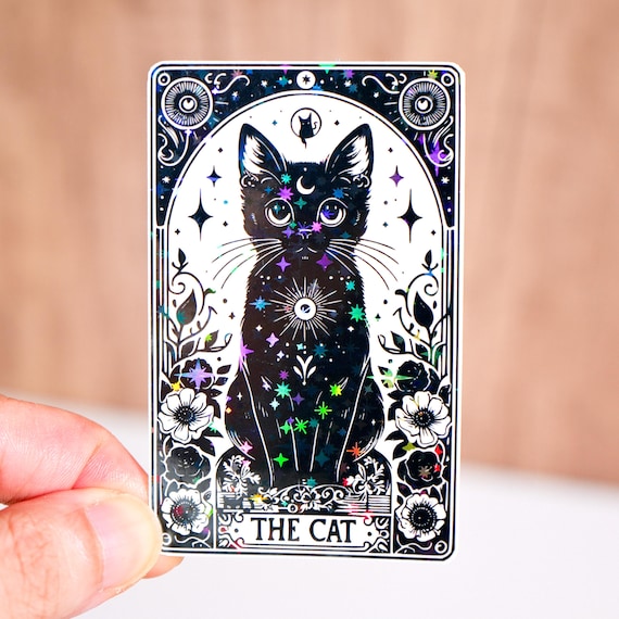 The cat tarot card sticker, Cat mom sticker, Black cat lover gift, Waterproof, Floral witch witchy decor, Anti depressant kitty, Cat lady
