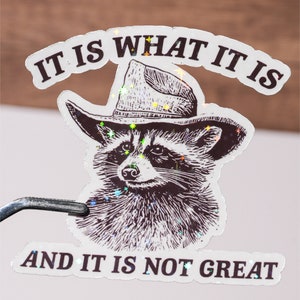 May include: A sticker with a raccoon wearing a cowboy hat and the text "It is what it is and it is not great."