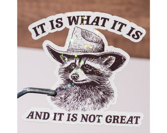 May include: A sticker with a raccoon wearing a cowboy hat and the text "It is what it is and it is not great."