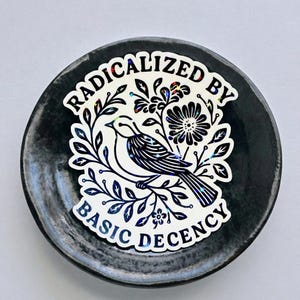 Peut inclure: Un autocollant blanc avec le texte "RADICALIZED BY BASIC DECENCY" et une illustration d'oiseau entourée de feuilles et de fleurs. L'autocollant a une finition holographique irisée et est placé sur une assiette ronde foncée.