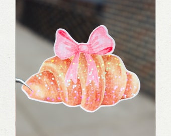 Sparkle bow tie croissant sticker, Waterproof, 2 to 9 inches, Aesthetic coquette decal, Handmade sticker, Dessert decoration, Y2K deco