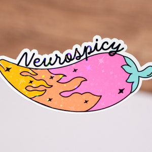 May include: A pink and orange chili pepper with flames and stars, with the text "Neurospicy" above it.