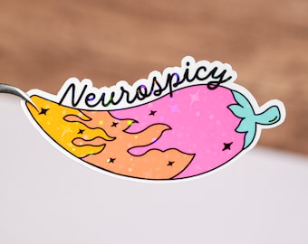 May include: A pink and orange chili pepper with flames and stars, with the text "Neurospicy" above it.