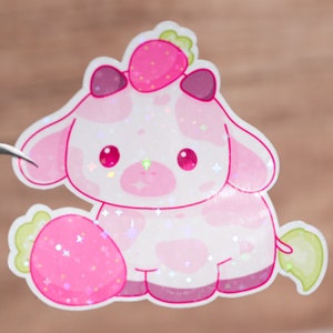 Strawberry cow sticker, Kawaii animal decal, Chibi cartoon drawing, Holographic or glossy, Gift for kids girls, Pink cow moo, Waterproof