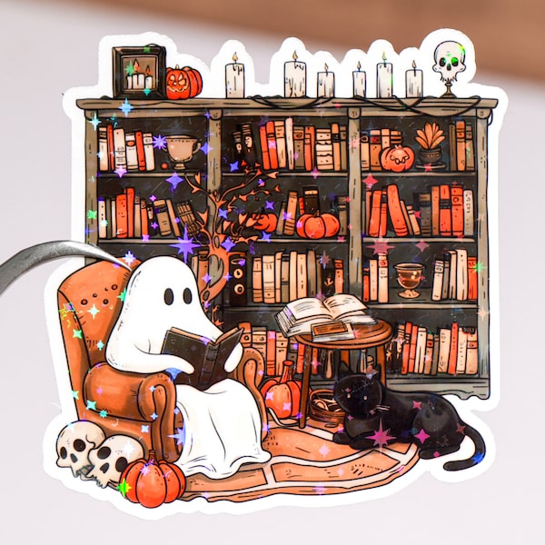 Ghost reading book sticker, Halloween Kindle sticker, Bookish booktok decal, Book lover reader spooky bookworm gift, Waterproof, Pumpkin cat