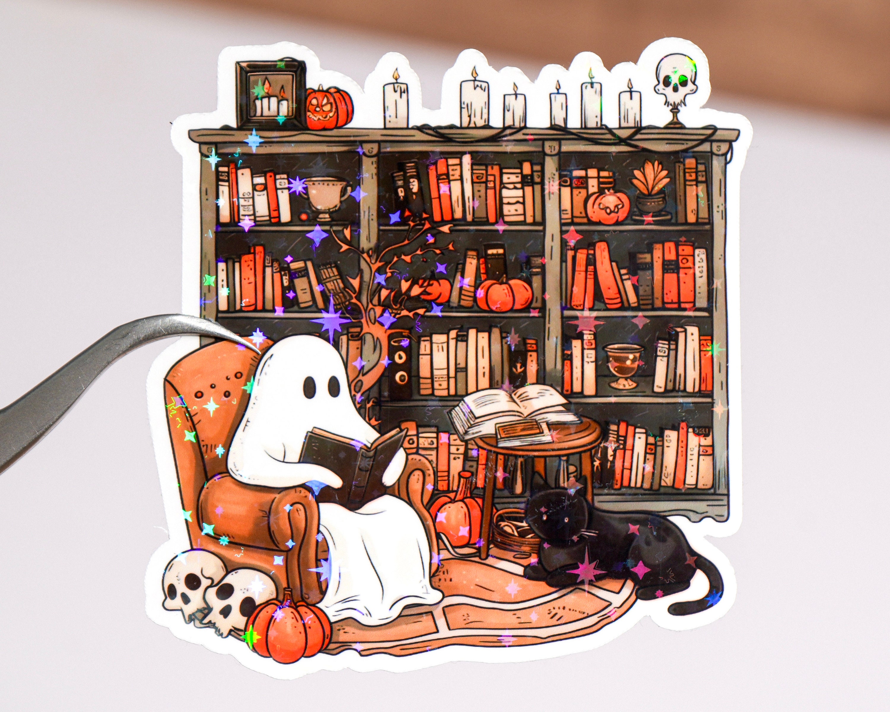 Ghost reading book sticker, Halloween Kindle sticker, Bookish booktok decal, Book lover reader spooky bookworm gift, Waterproof, Pumpkin cat