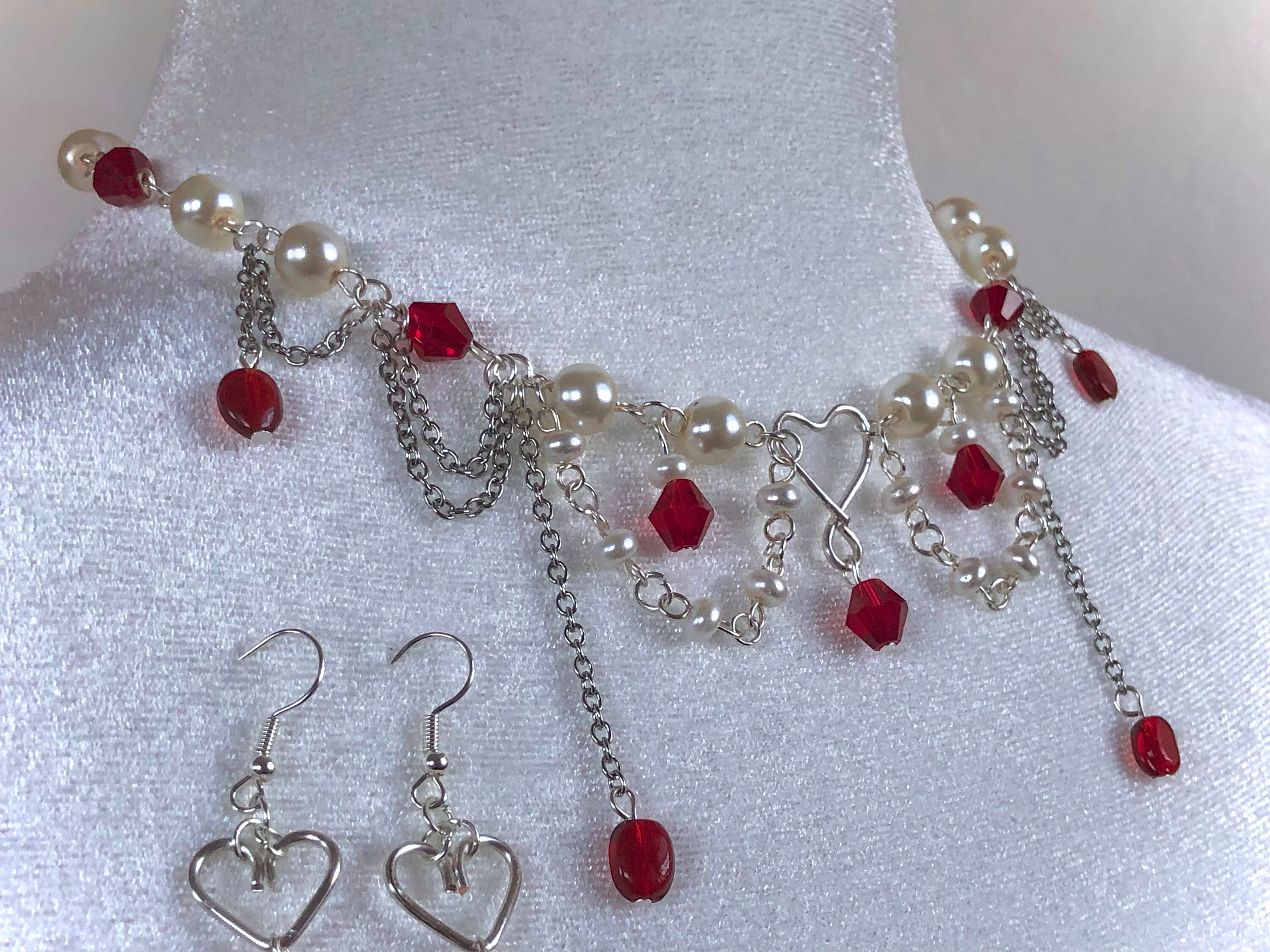 Valentine's Day Jewelry, Heart Necklace, Pearl and Glass Red Beads ...