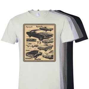 Plymouth Barracuda 1973 Classic Muscle Car Shirt - Vintage Design Graphic Tee, Duster, Dodge, Chrysler, Americana, Mopar Hemi Cuda, RT
