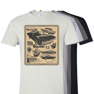 Plymouth Barracuda 1972 Classic Muscle Car Shirt - Vintage Design Graphic Tee, Duster, Dodge, Chrysler, Americana, Mopar Hemi Cuda, RT