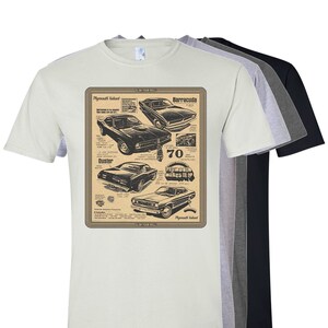 Plymouth Barracuda 1970 Classic Muscle Car Shirt - Vintage Design Graphic Tee, Duster, Dodge, Chrysler, Americana, Mopar Hemi Cuda, RT