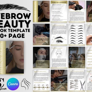 May include: A gold and black ebook template for eyebrow beauty with the title "Eyebrow Beauty Ebook Template 50+ Page". The template includes images of eyebrows, eyebrow shaping techniques, and eyebrow anatomy.