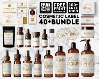 May include: A collection of cosmetic product labels featuring a marble background with gold accents. The labels feature the text "Black Beauty" and various product names, such as "Body Wash" and "Body Butter".