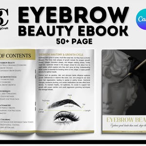 Op de afbeelding: Een e-bookcover over wenkbrauw schoonheid. De cover toont een close-up van een vrouwenoog met een perfect gevormde wenkbrauw. De titel van het boek is "Eyebrow Beauty Ebook" en de ondertitel is "50+ Pagina's". De cover bevat ook een inhoudsopgave met onderwerpen zoals wenkbrauwanatomie, groeicyclus, vormgevingtechnieken, mapping, symmetrie, verven en kleuren.