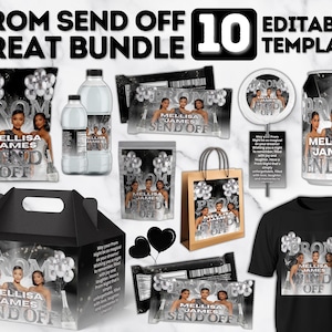 Könnte beinhalten: Eine Sammlung von Partygeschenken zum Thema Abschlussball in Schwarz und Silber, darunter ein schwarzes T-Shirt, Schokoriegelverpackungen, Wasserflaschen, eine Geschenktüte und eine Geschenkbox. Mit dem Text "PROM SEND OFF".
